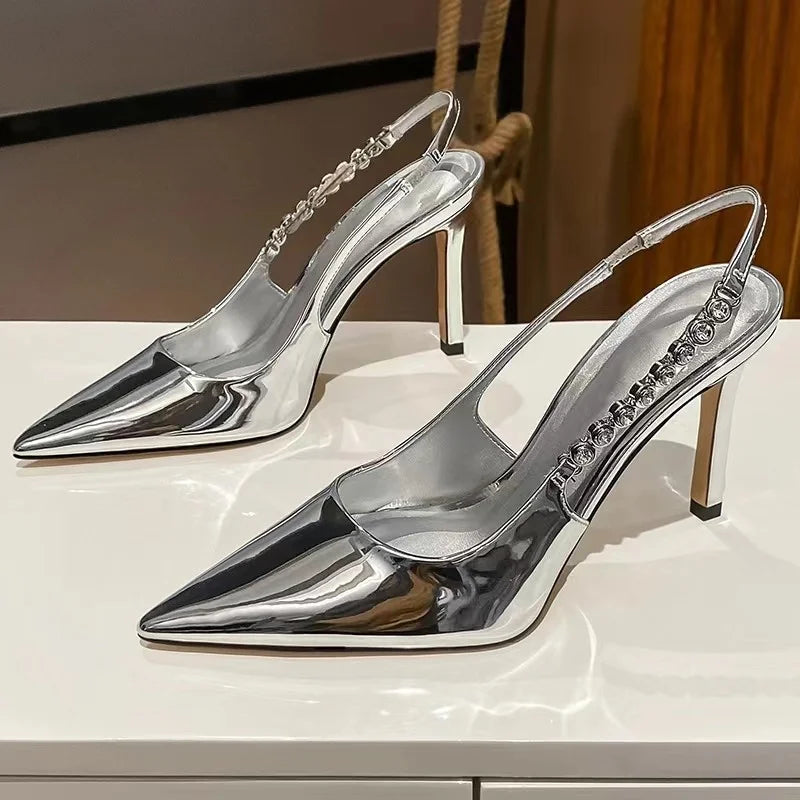 aichashi  -  Shiny High Heels Slingback Women Pumps Metallic Crystal Sandals Pointy Toe Stiletto Heeled Shoes Silver Party Dress Shoes Woman