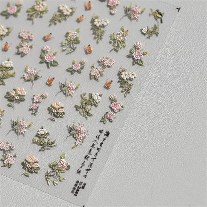 1pcs 5D Japanese Retro Flower Nail Art Stickers Elegant Pink Petal Embossed Self Adhesive Transfer Nail Decorations Decals DIY