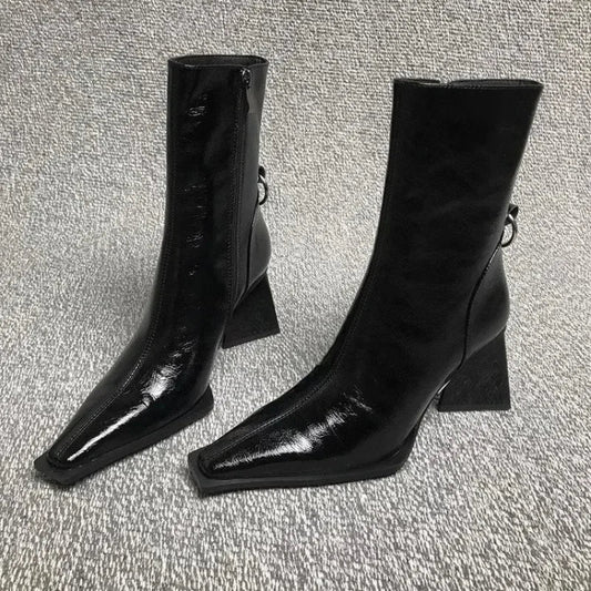 aichashi  -  Autumn New Small Square Head Thick High Heel Short Boots Riding Boots High Heels Fashion Boots Shaped Triangle Heel