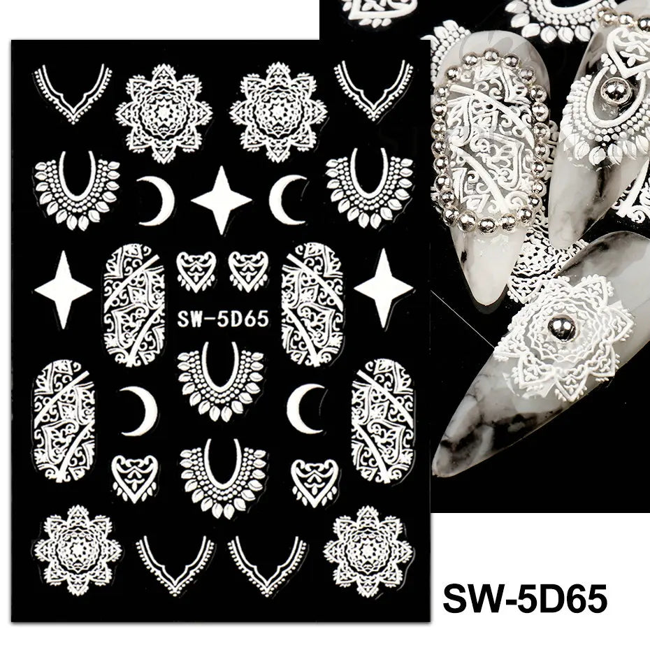 5D Acrylic Bohemia Flowers Nail Embossed Sticker Brown Filigree Lace Tribe Design Adhesive Decal Charms Textured Decoration