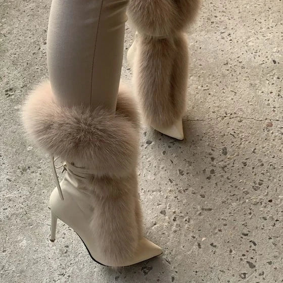 aichashi  -  Pointed Toe Fur Mid Calf Boots Stiletto Heels Ankle Straps Fashion Warm Shoes In Winter Solid Plush Sexy Party Dress Shoes