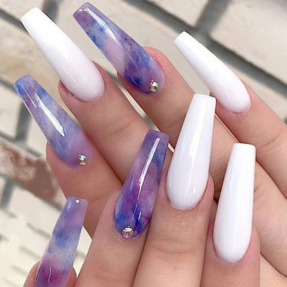 24 Pcs Glossy Long Ballerina Press On Nails Purple Marble Style Fake Nails With Rhinestone Shiny Reusable Artificial False Nails