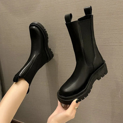 Aichashi Classics Chelsea Boots Women Black Ankle Boots Autumn Winter Shoes Genuine Leather Platform Short Boots Slip on Elastic Band