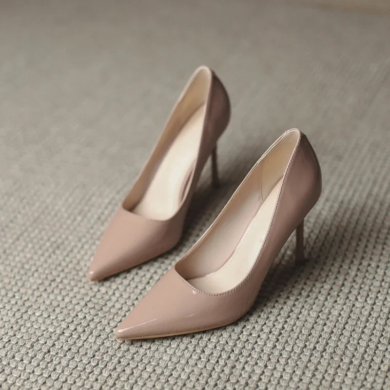 Aichashi Autumn New Nude Lacquer Leather High Heels with Thin Heels Versatile Pointed Shallow Mouth Single Shoes