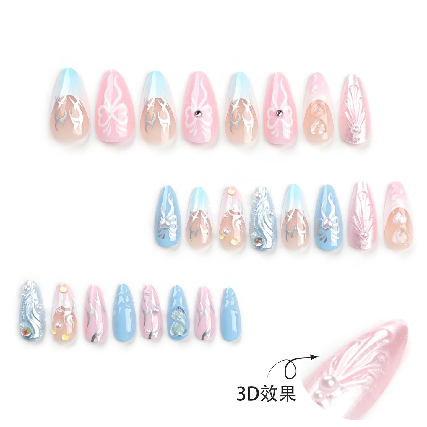 Aichashi New 3D Love Bows Fake Nail Pink Blue Almond False Nails Full Cover Wearable Artificial Nails Press on Nails Tip for Girls Women