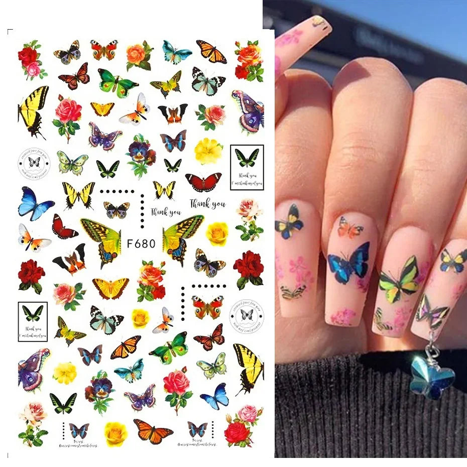 Aichashi 1PCS Black White Butterfly Laser Nail Stickers Y2K Nail Art Decoration Abstract Lines Bronzing Flowers Stickers For Nails