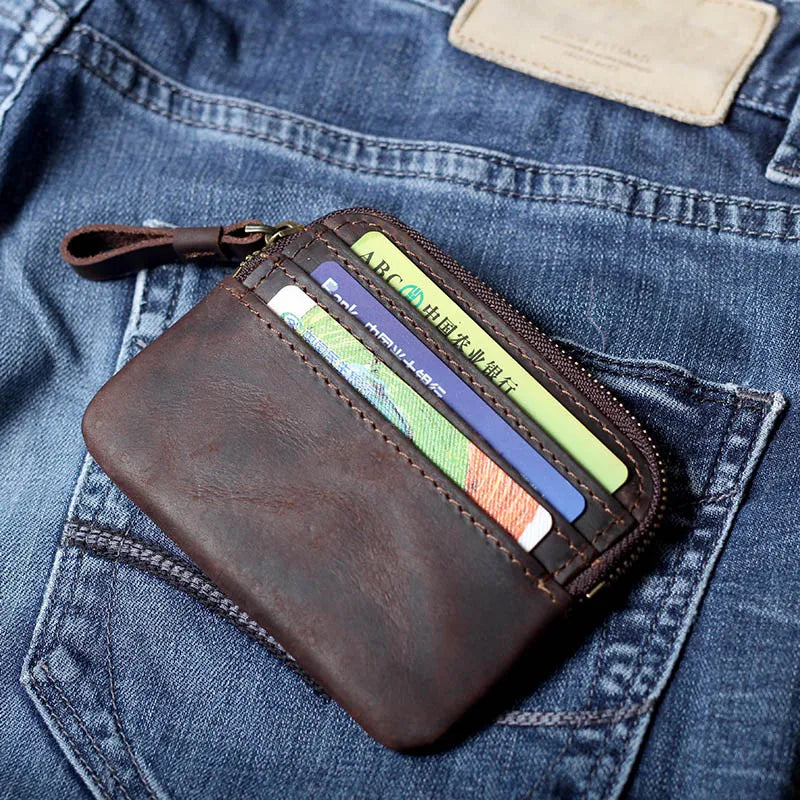 Aichashi Crazy Horse Leather Men Zipper Coin Purse Card Holder Short Wallet Women Man Mini Clutch Wallets Money Cash Short Purse