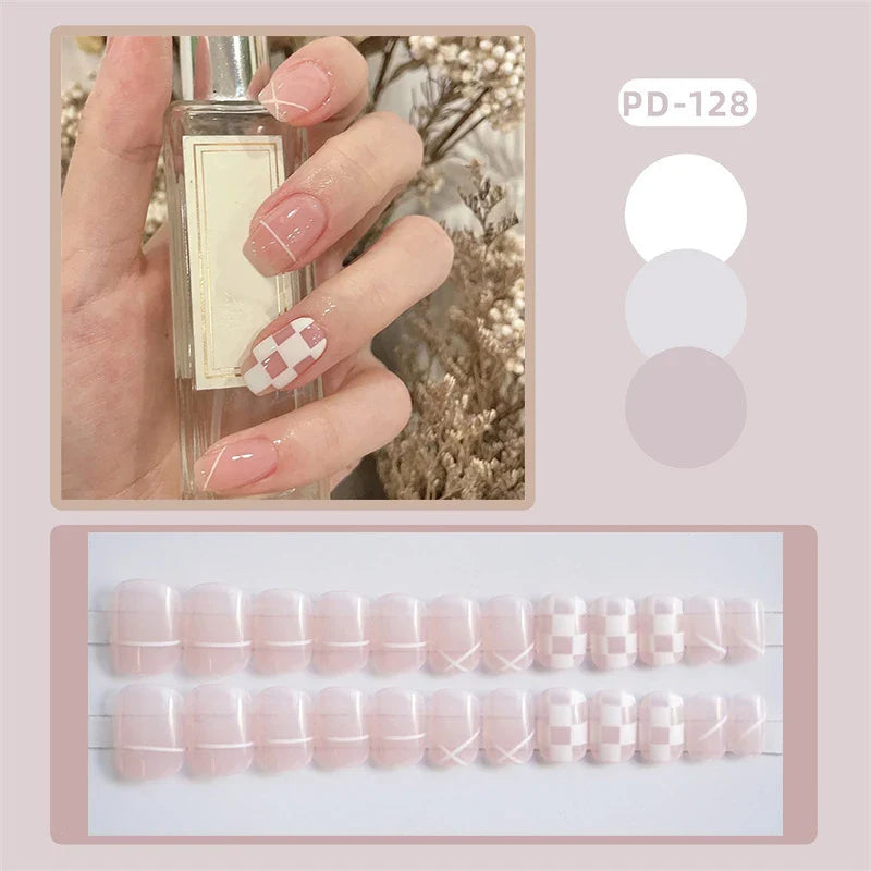 24Pcs Fashion Fake Nails Press on Nail Cute Bear Milk Tea Color Chessboard Grid Pattern Artificial nail Tips with Jelly glue