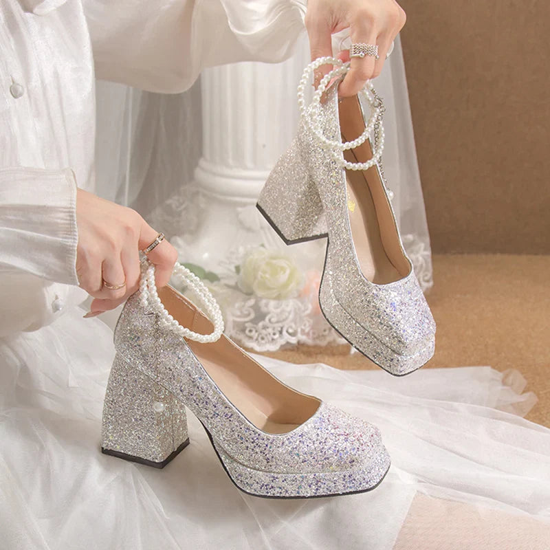 Aichashi Luxury Gold Glitter High Heels Pumps for Women Spring Pearl Ankle Strap Wedding Shoes Woman Chunky Platform Mary Jane Shoes