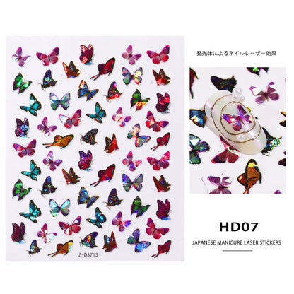 1Sheet Laser Color Butterfly Nail Art Stickers Holographic 3D Gradient Butterflies Adhesive Nail Decals DIY Manicure Decorations