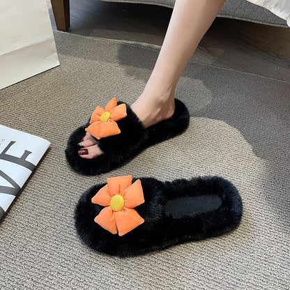 Aichashi Flower Plush Slippers Women Wear Autumn and Winter New Home Plus Size One Word Slippers Cute Cotton Shoes Zapatillas Planas