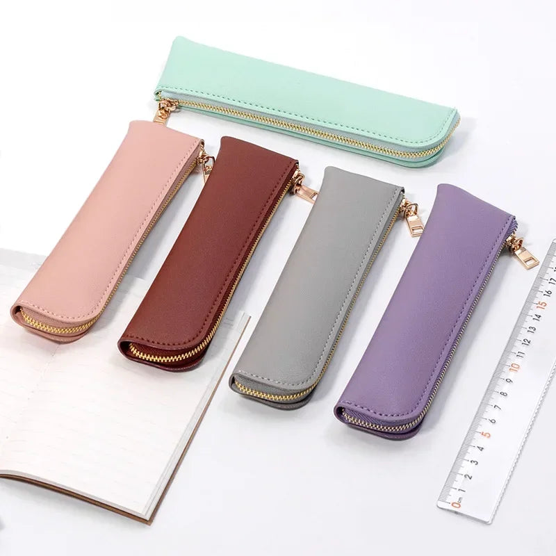 Aichashi BACK TO SCHOOL 1PC PU Leather Small Pen Bag Mini Pen Sleeve Zipper Pencil Pouch Stationery Fountain Pen Holder Case Student School Supplies