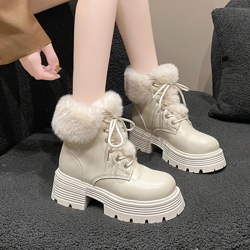 aichashi  -  Winter Fluffy Fur Women Snow Boots Fashion Lace Up Short Booties Comfort Thick Heels Ladies Shoes