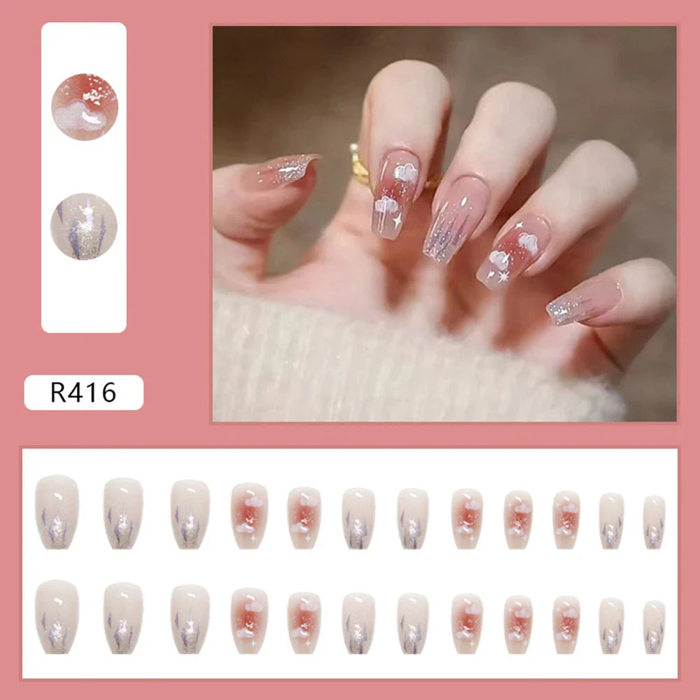 24pcs false nails matte Green Nails Patch with glue Removable Long Paragraph Fashion Manicure press on Nail tips