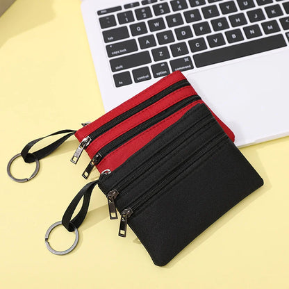 Aichashi 3 Zippers Canvas Coin Purse Women's Mini Wallet Solid Change Purses With Keychain Money Bags Coin Key Storage Bag Card Holder