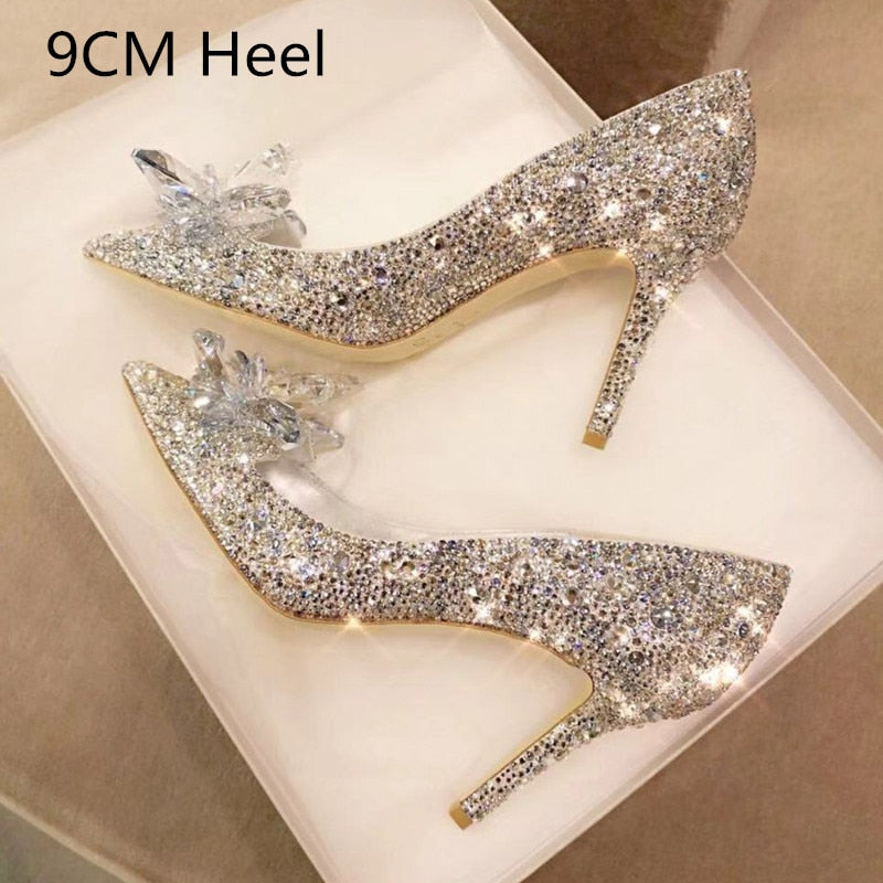 Aichashi Cinderella Shoes Rhinestone High Heels Women Pumps Pointed toe Woman Crystal Party Wedding Shoes 5cm/7cm/9cm