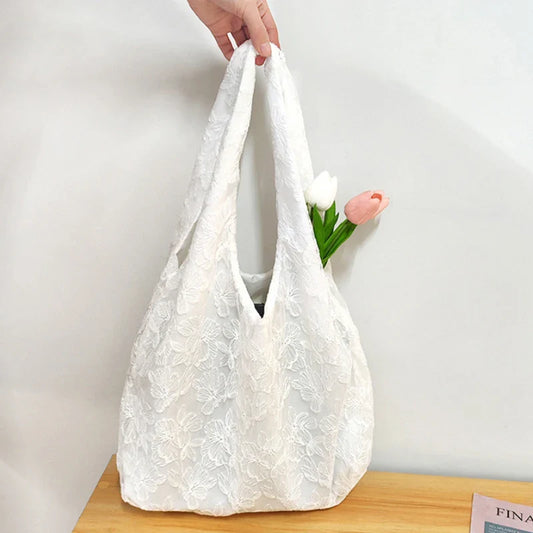 Aichashi Lace Flowers Women Shoulder Bag Thin Polyester Ladies Shopping Handbags Solid Color Girs Book Bags Casual Female Travel Tote