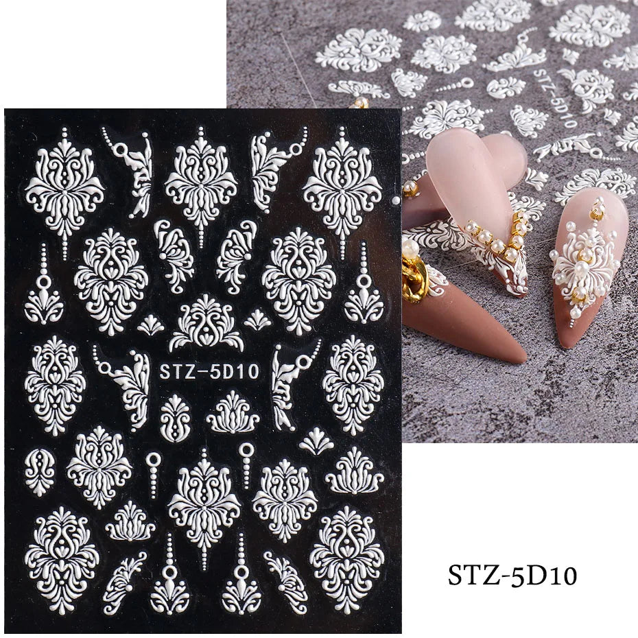 5D Acrylic Bohemia Flowers Nail Embossed Sticker Brown Filigree Lace Tribe Design Adhesive Decal Charms Textured Decoration