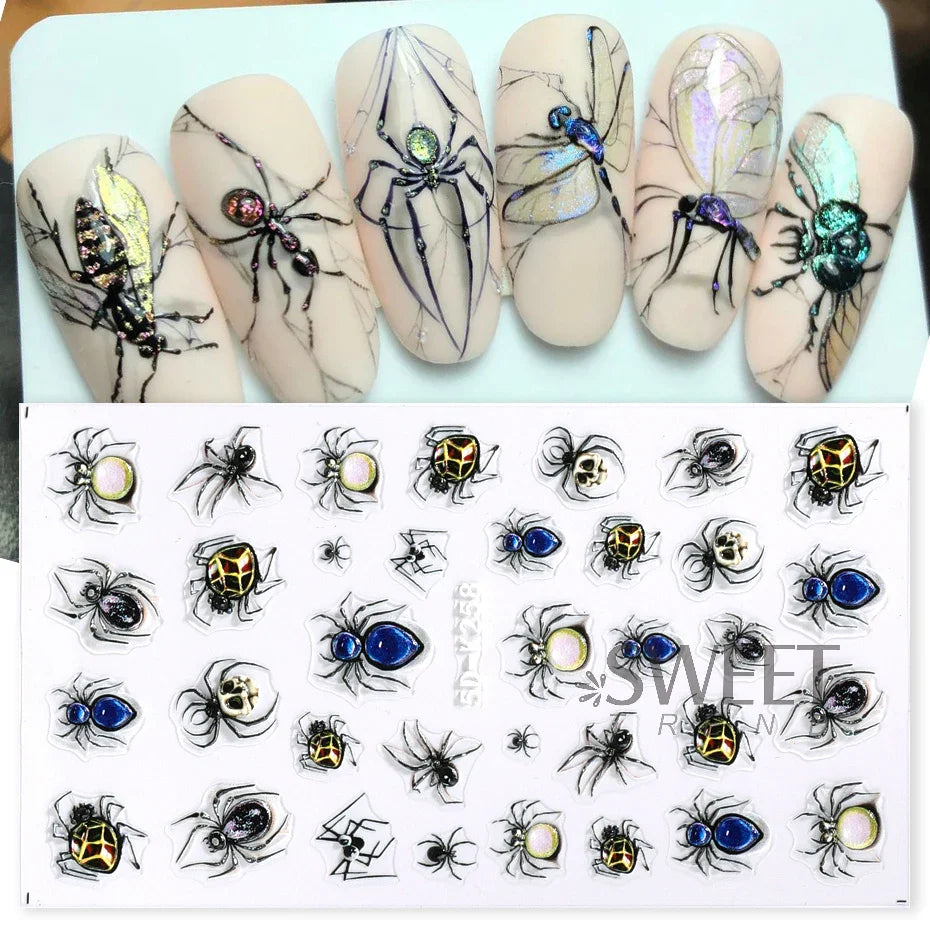 5D Gems Spider Embossed Nail Stickers Design Centipede Red Eyeball Adhesive Sliders Holiday Party New Year Decals Manicure Foils