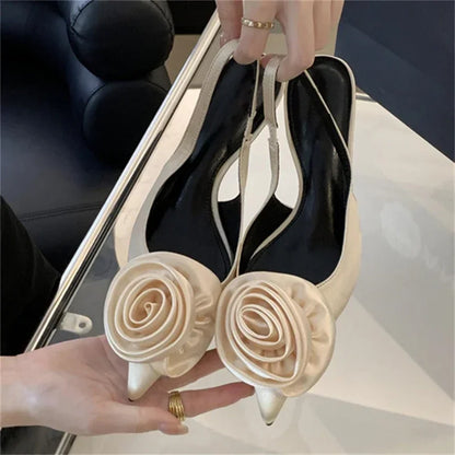 aichashi  -  Sweet Silk Slingback Pointed Toe Women Pumps Summer Fashion Flowers Design Sandals for Women Luxury Thin High Heels Party Shoes