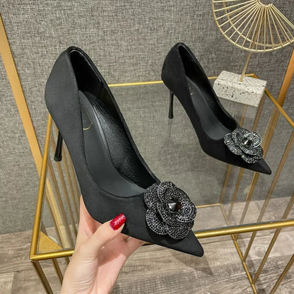 aichashi  -  Flowers Pointed Toe Stiletto Heels Women Rhinestone Luxury Designer Shoes Suede Sexy Elegant Offices High Heels Female Pumps