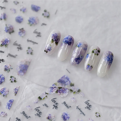 Aichashi 1pcs 5D Embossed Kawaii Flower Nail Art Stickers Beatuy Purple Hydrangea Self-adhesive Transfer Nail Decoration Slider Decal DIY