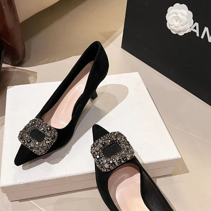 aichashi  -  Luxury Low Heeled Suede Shoes Women's Pumps Pointed High Heels Party Dress Shoes Sexy Square Crystal Elegant Office Shoes