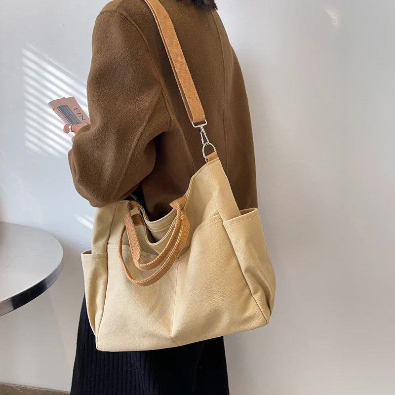 Aichashi Lazy Wind Canvas Big Bag New Korean Version Of The Single Shoulder Crossbody Bag Female Simple Literary Solid Color Bag