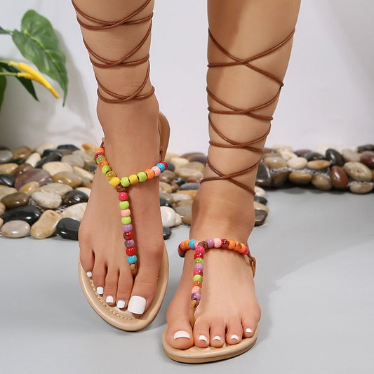 Aichashi Bohemian Style Flat Sandals Women Summer Beading Clip Toe Beach Shoes Woman Plus Size 43 Soft Sole Gladiator Sandalias