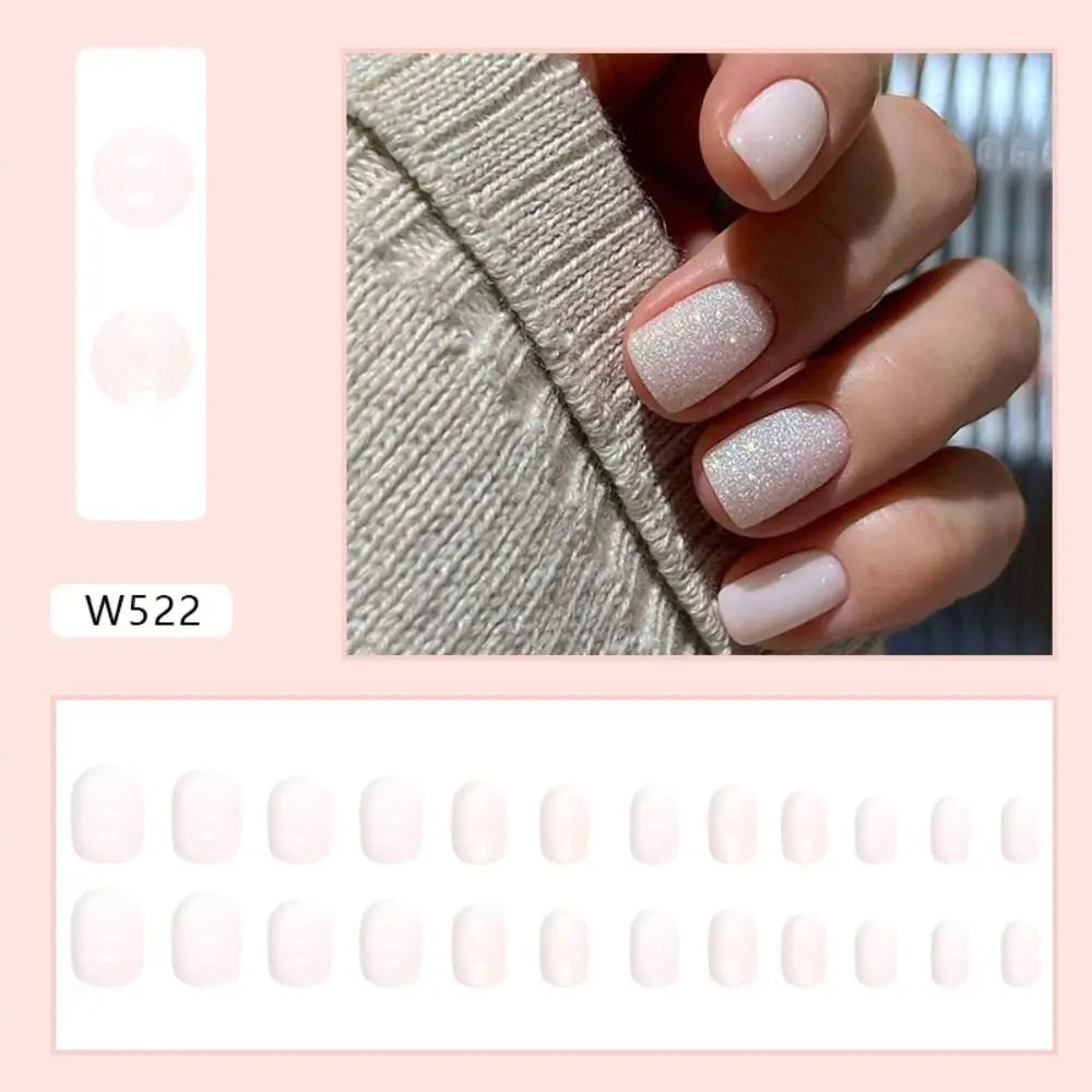 24pcs/box Glitter False Nails Set Simple French Short Square Head Nails Manicure Fashion Full Cover Fake Nail Tips Press on Nail