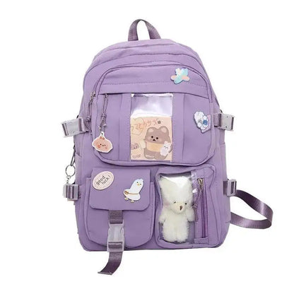 aichashi Preppy School Bag Student Backpack Nylon Cute Girl Backpack Badge Pendant Travel Bag