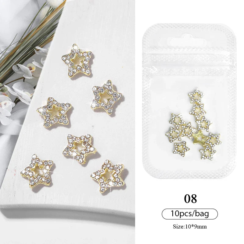 Aichashi 10pcs/bag Butterfly Shaped Nail Rhinestone Star Flower Nail Charm Silver Gold Alloy Nail Pearl Jewelry Accessories Nail Supplies