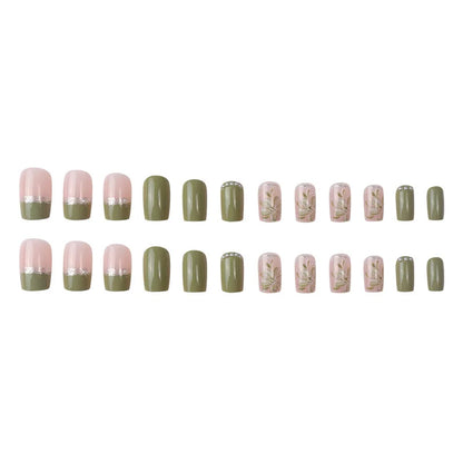 24Pcs/Set Press On Fake Nails Green Wearing Reusable False Nails Art Girls Ballerina Coffin Nail With Glue Full Cover Artificial