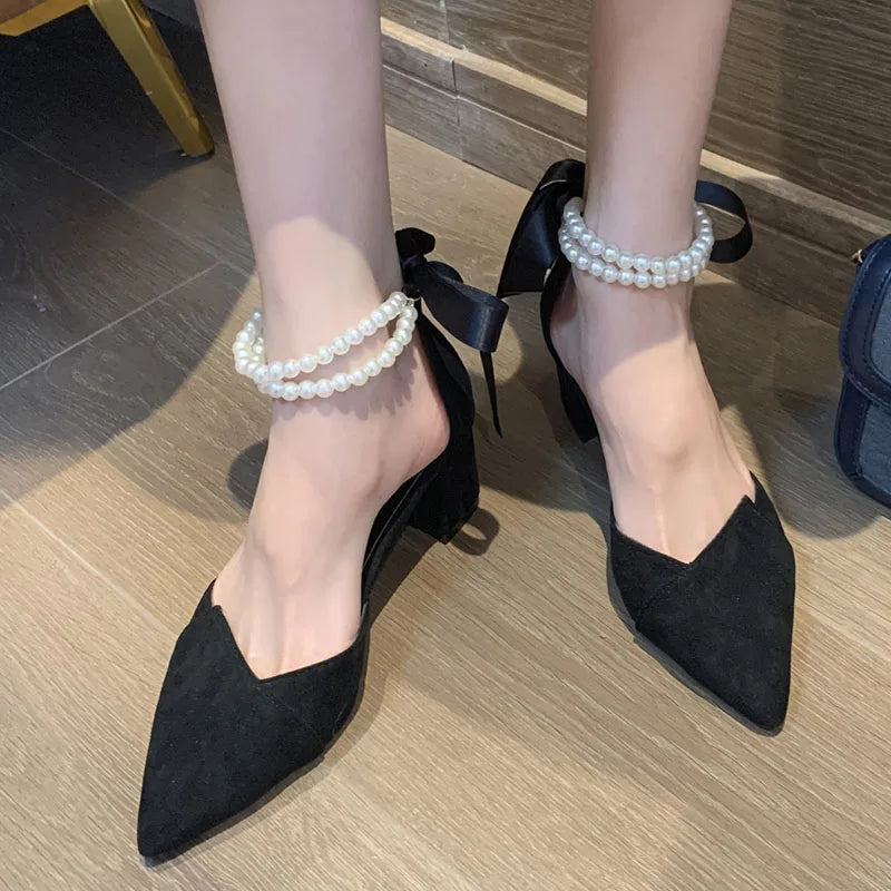 Aichashi Luxury Pearl Strap Square Heels Pumps Women Fashion Pointed Toe Party Shoes Woman Flock Lace Up Shallow Shoes Ladies