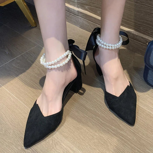 Aichashi Luxury Pearl Strap Square Heels Pumps Women Fashion Pointed Toe Party Shoes Woman Flock Lace Up Shallow Shoes Ladies