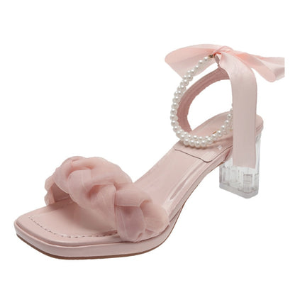 Aichashi Cute Pink Lace Bowknot Sandals for Women Summer Pearl Ankle Strap Clear Chunky Heels Sandals Woman Party Dress Pumps Shoes