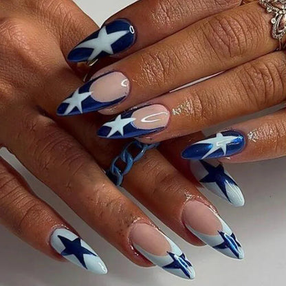 Aichashi 24PCS Stars Y2k Nail Stickers Blue French Fake Nails Press On Long Almond Shape Designs False Nails Finished Manicure Nail Tips