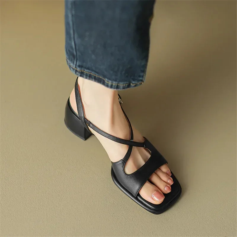 Aichashi New Summer Sandals Fashion Versatile Light Luxury Sandals Square Toe Chunky Heels Sandals for Women Handmade Women Sandals