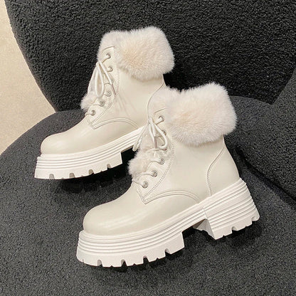 aichashi  -  Winter Fluffy Fur Women Snow Boots Fashion Lace Up Short Booties Comfort Thick Heels Ladies Shoes