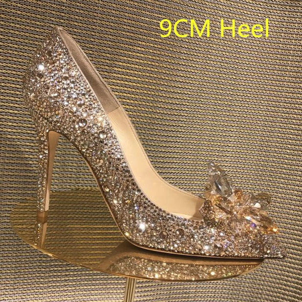 Aichashi Cinderella Shoes Rhinestone High Heels Women Pumps Pointed toe Woman Crystal Party Wedding Shoes 5cm/7cm/9cm