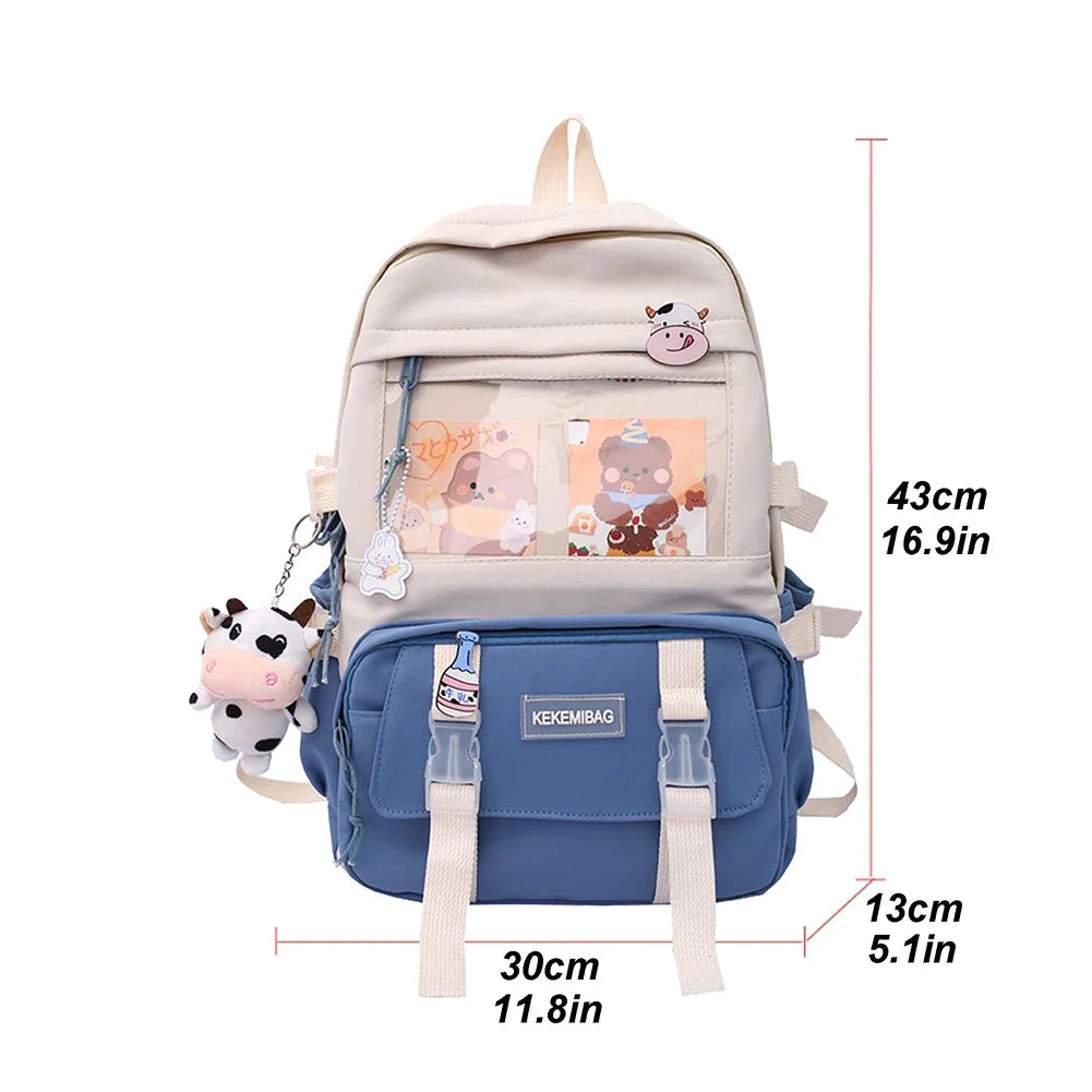 Aichashi Fashion Japanese Nylon Bookbags with Plush Pendant Summer New Student Kawaii Backpack Large Capacity Woman College Rucksack