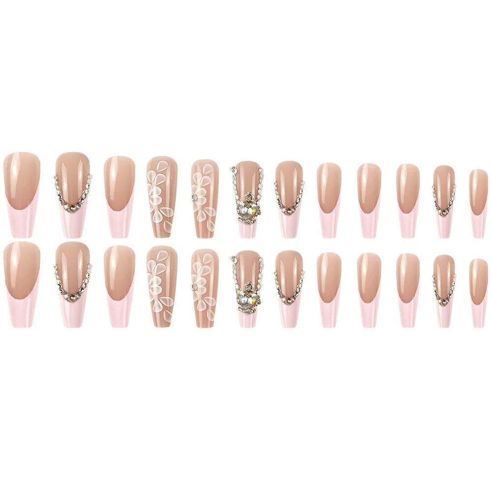 Aichashi 24 Pcs Glossy Long Ballerina Press On Nails Pink French Style Fake Nails With Rhinestone Shiny Artificial Reusable False Nails