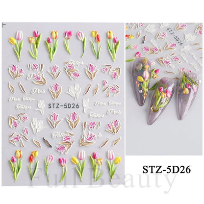 Aichashi 1Pcs Sakura Stickers For Nails 5D Embossed Spring Cherry Blossom Tulip Peony Flowers Petals Sliders Manicure Decoration