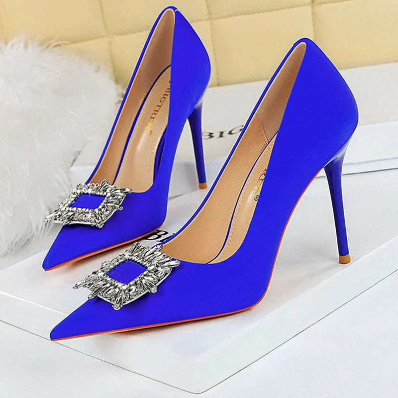 aichashi  -  Shoes Women 10 Cm Heels Metal Rhinestone Luxury Banquet Shoes Woman Pumps Fashion High Heels Silks Satins Lady Stilettos