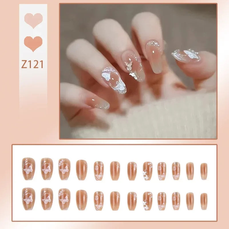 Aichashi 24pcs/box Fake Nails Press on Reusable with Designs Set French Artificial Aurora Diamond False Tipsy Stick-on Nails Tips Art