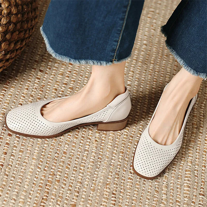 Aichashi New Fashion Hollow Out Women Pumps Square Toe Summer Shoes Chunky Heels Genuine Leather Shoes for Women Handmade Loafers