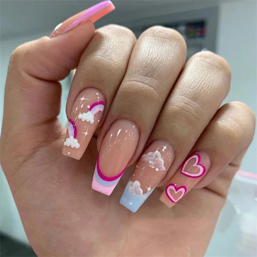 24Pc/Lot Light Pink Blue Gradient Long Ballet Fake Nails Acrylic Press on Nail Tips Removable Artificial Wearing False Nails Art