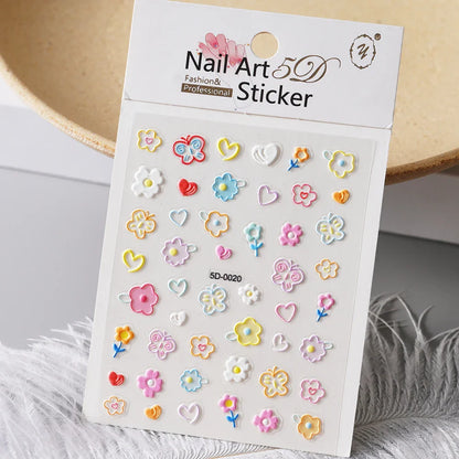 1PC 5D Macaron Flower/Fruit Nail Charms Sticker Embossed Bear/Rabbit/Letter Nails Slider Decals Summer Adhesive Manicure Decor&Y