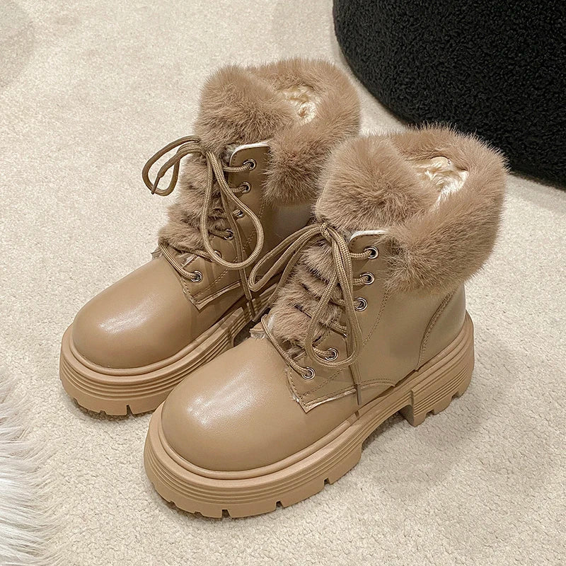 aichashi  -  Winter Fluffy Fur Women Snow Boots Fashion Lace Up Short Booties Comfort Thick Heels Ladies Shoes