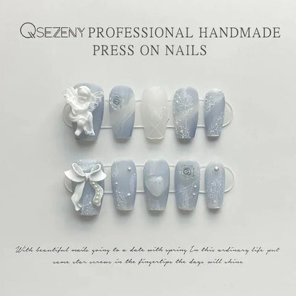 10Pcs Blue Handmade Press On Nails Set Ballet Wearable Artificial False Nails Decoration Nail Art Manicure Fake Nails Tips Art